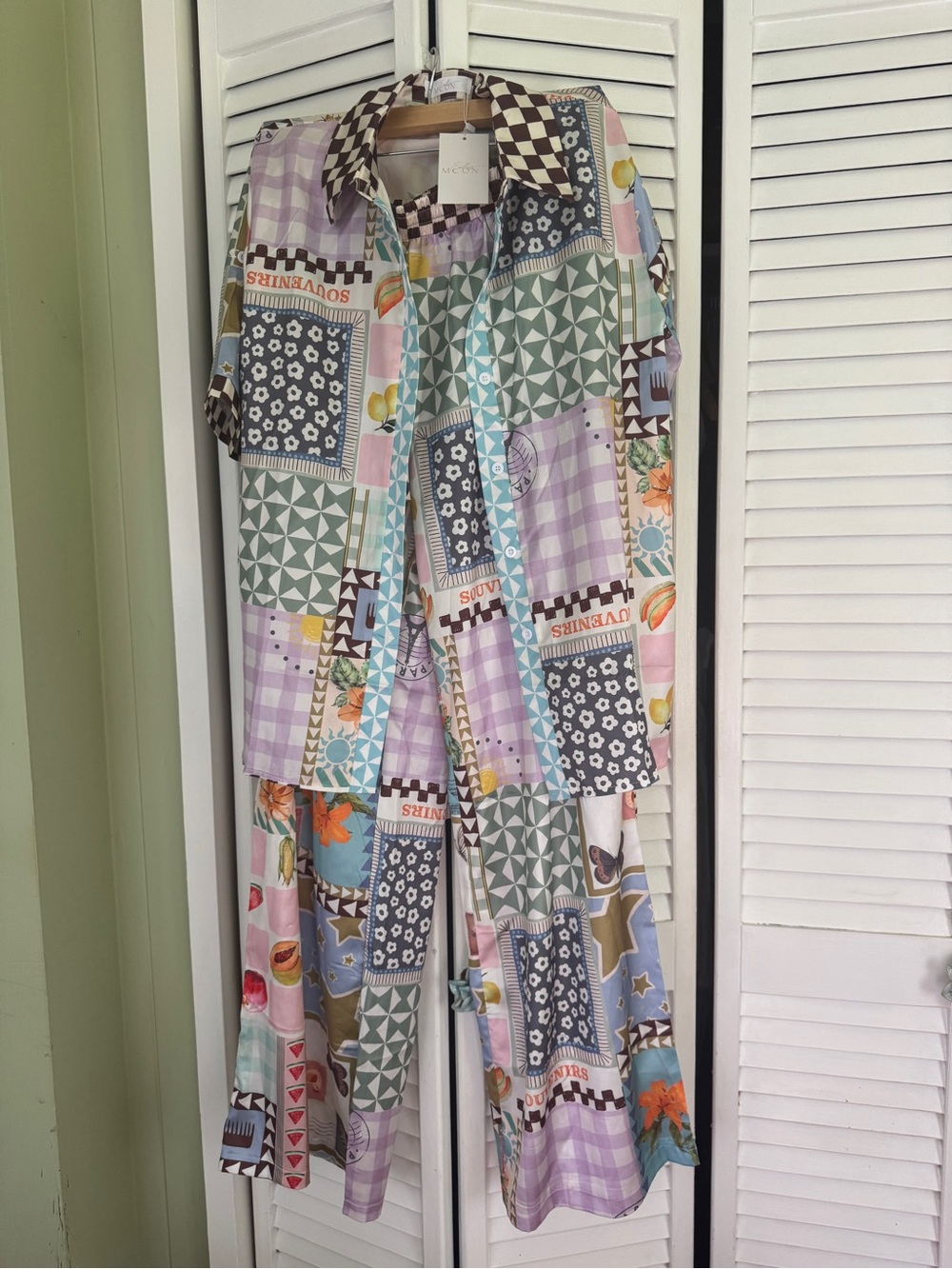 Patchwork Print Wide-Leg Lounge Set - Pastel Multi